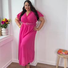 Charger l'image dans la galerie, Robe longue chic fuchsia col plissé