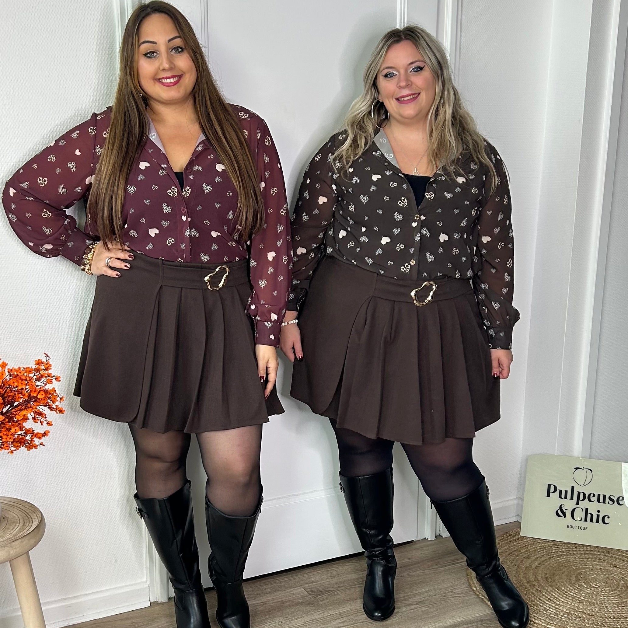 Jupe-short effet plissé marron