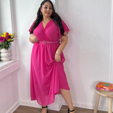 Charger l'image dans la galerie, Robe longue chic fuchsia col plissé