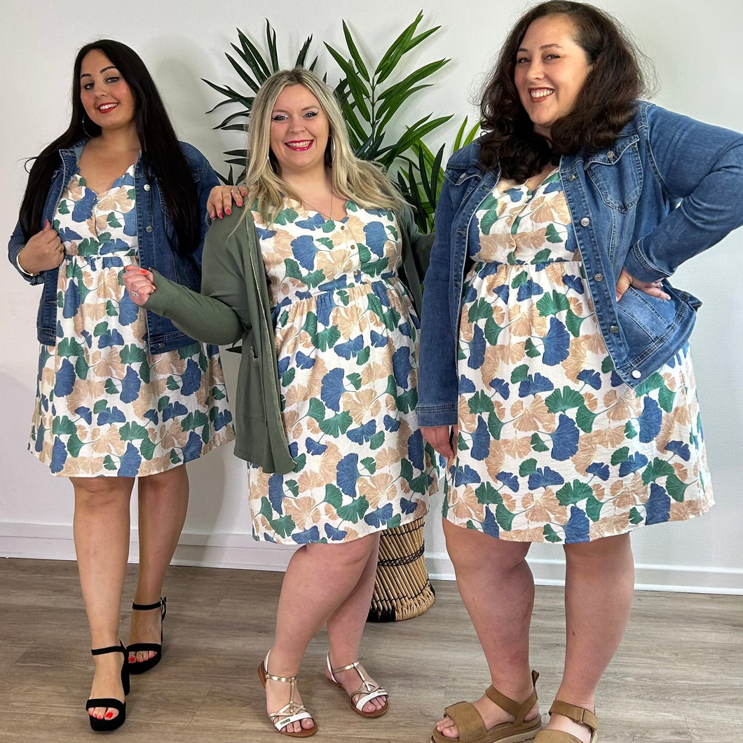 Robe courte blanche à imprimé ginkgo