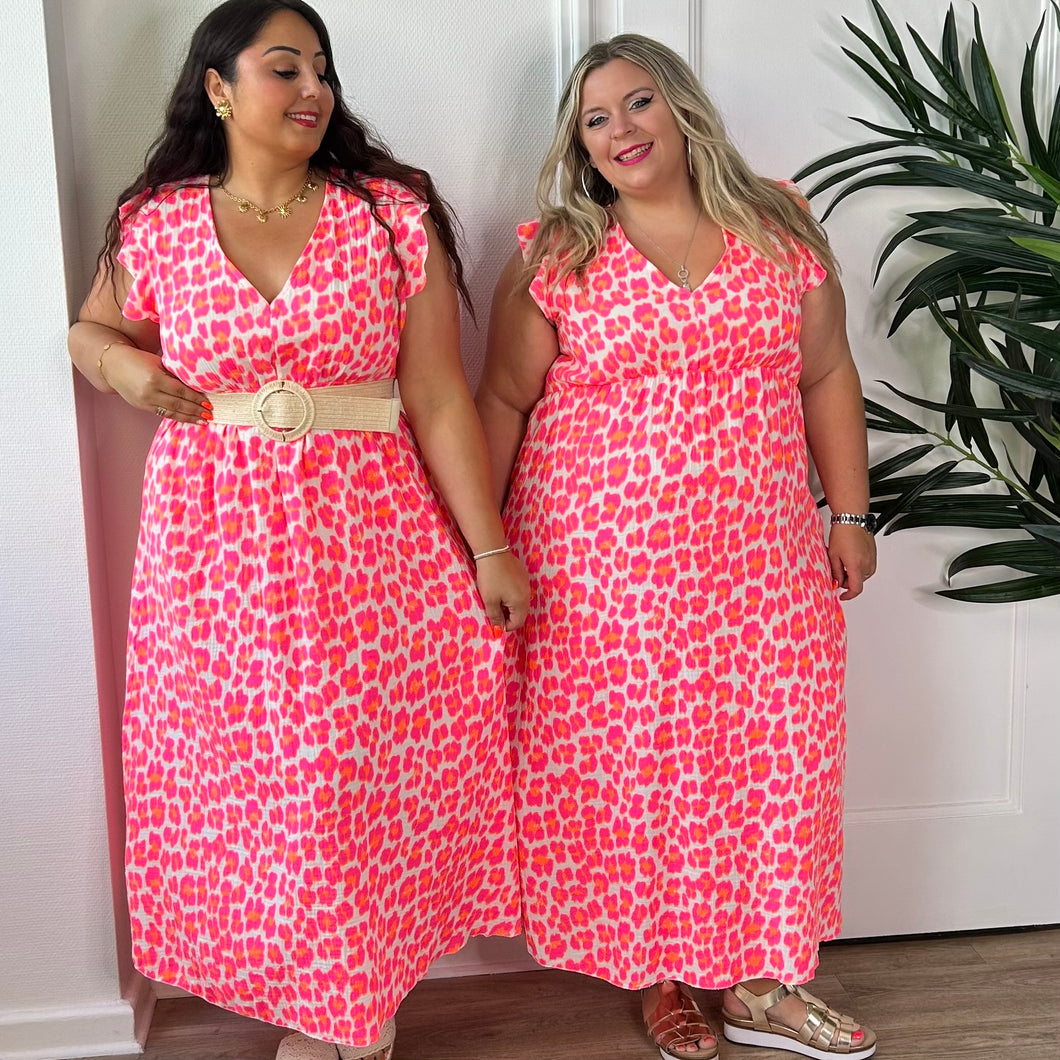 Robe longue léopard rose fluo en coton à manches courtes
