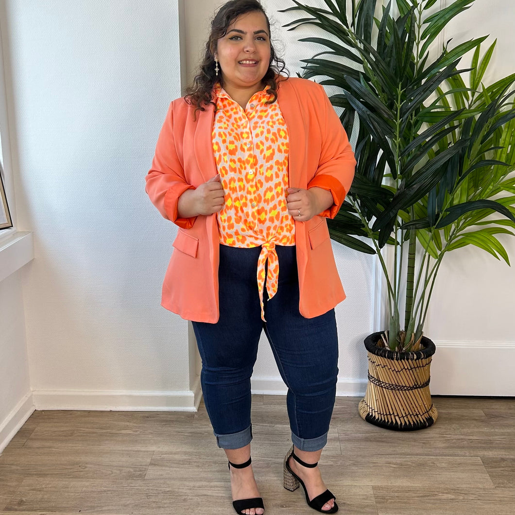 Chemisier en gaze de coton orange fluo imprimé léopard