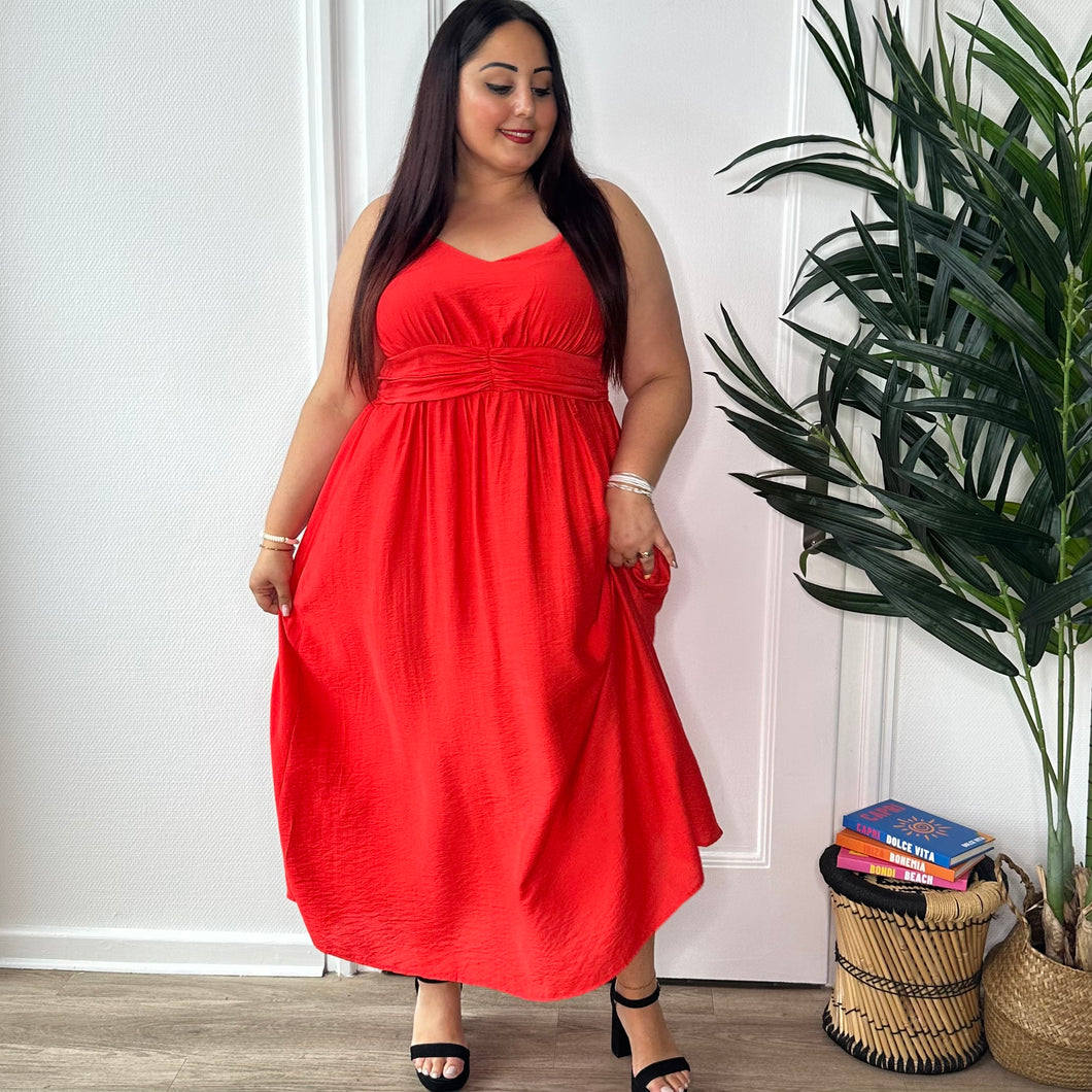 Robe longue rouge/corail à fines bretelle