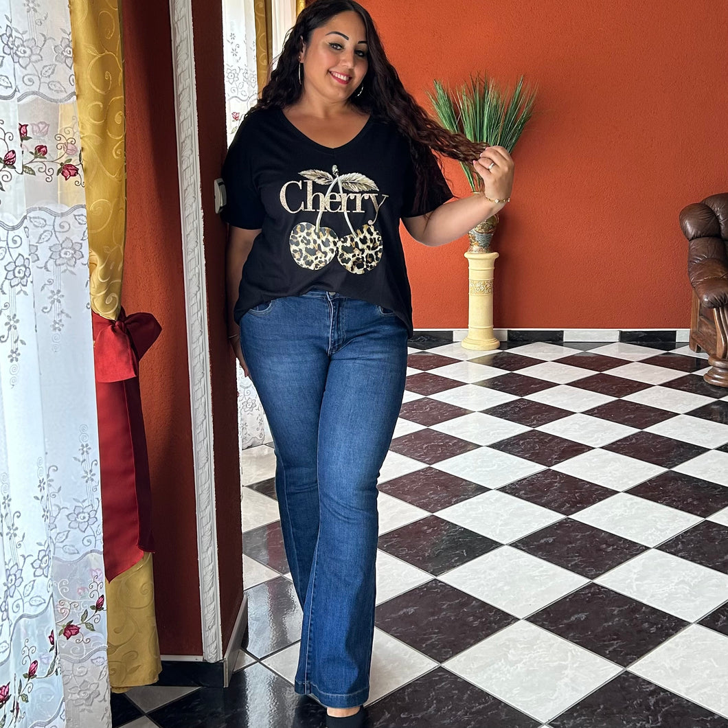 T-shirt cherry noir détail léopard en coton - RÉASSORT PRÉVU LA SEMAINE PROCHAINE ACTIVEZ L’ALERTE