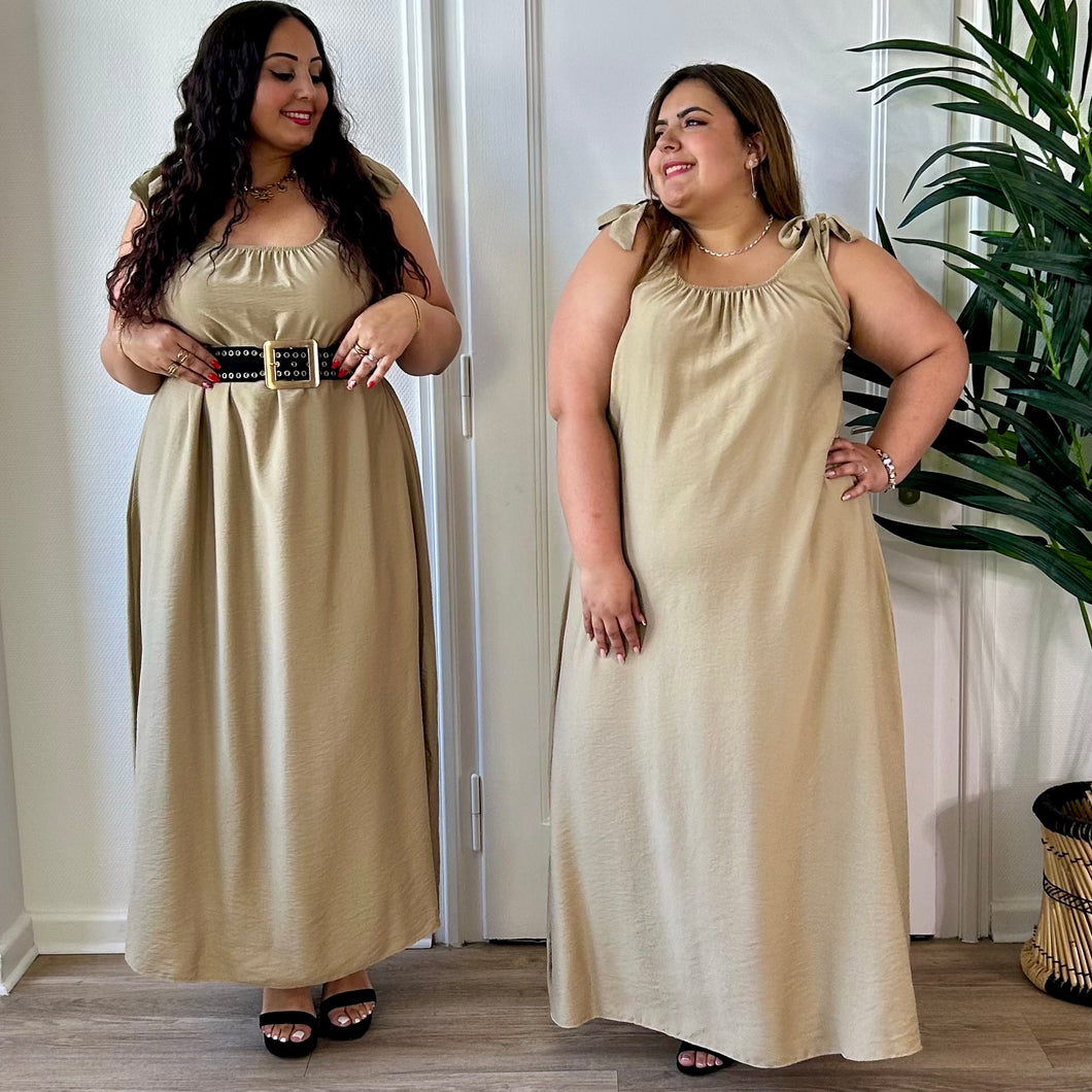 Robe longue bretelles à noeud beige