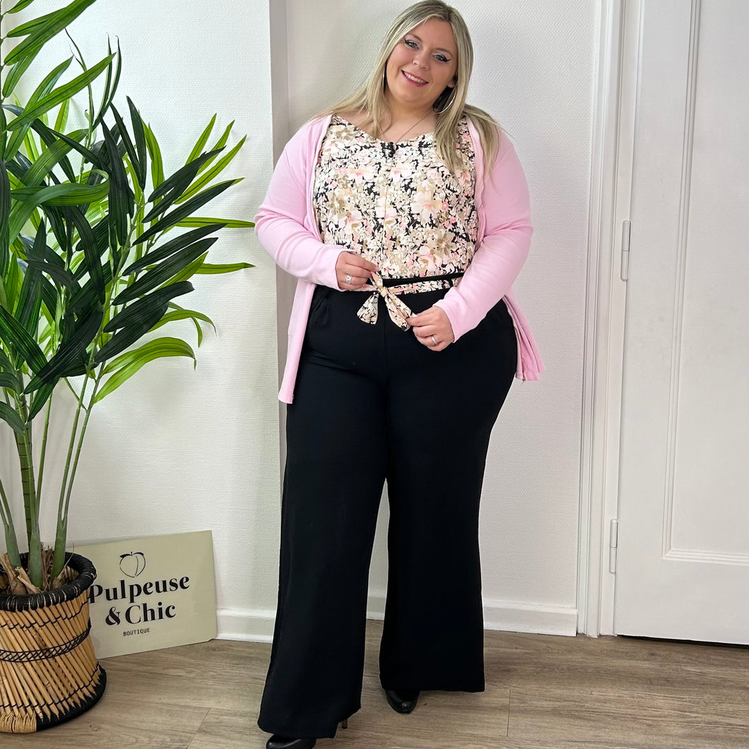 Pantalon fluide noir à ceinture florale