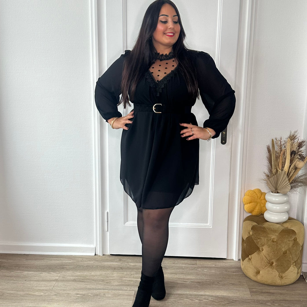 Robe courte à col plumetis noir - Réassort Prévu mercredi 29 octobre