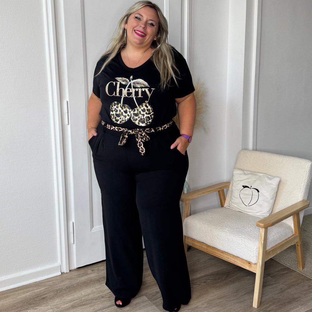 Pantalon fluide noir ceinture léopard