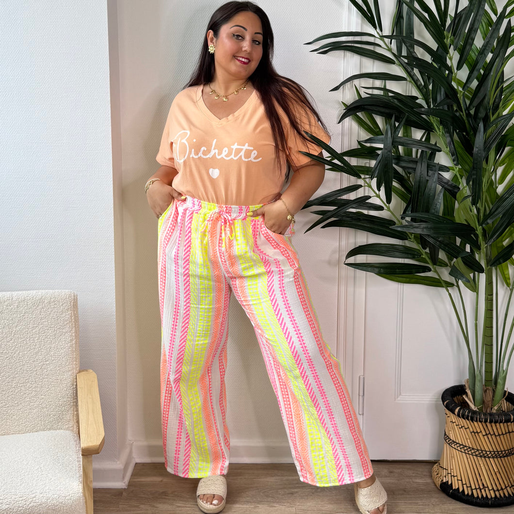 Pantalon fluide à rayures fluo en coton