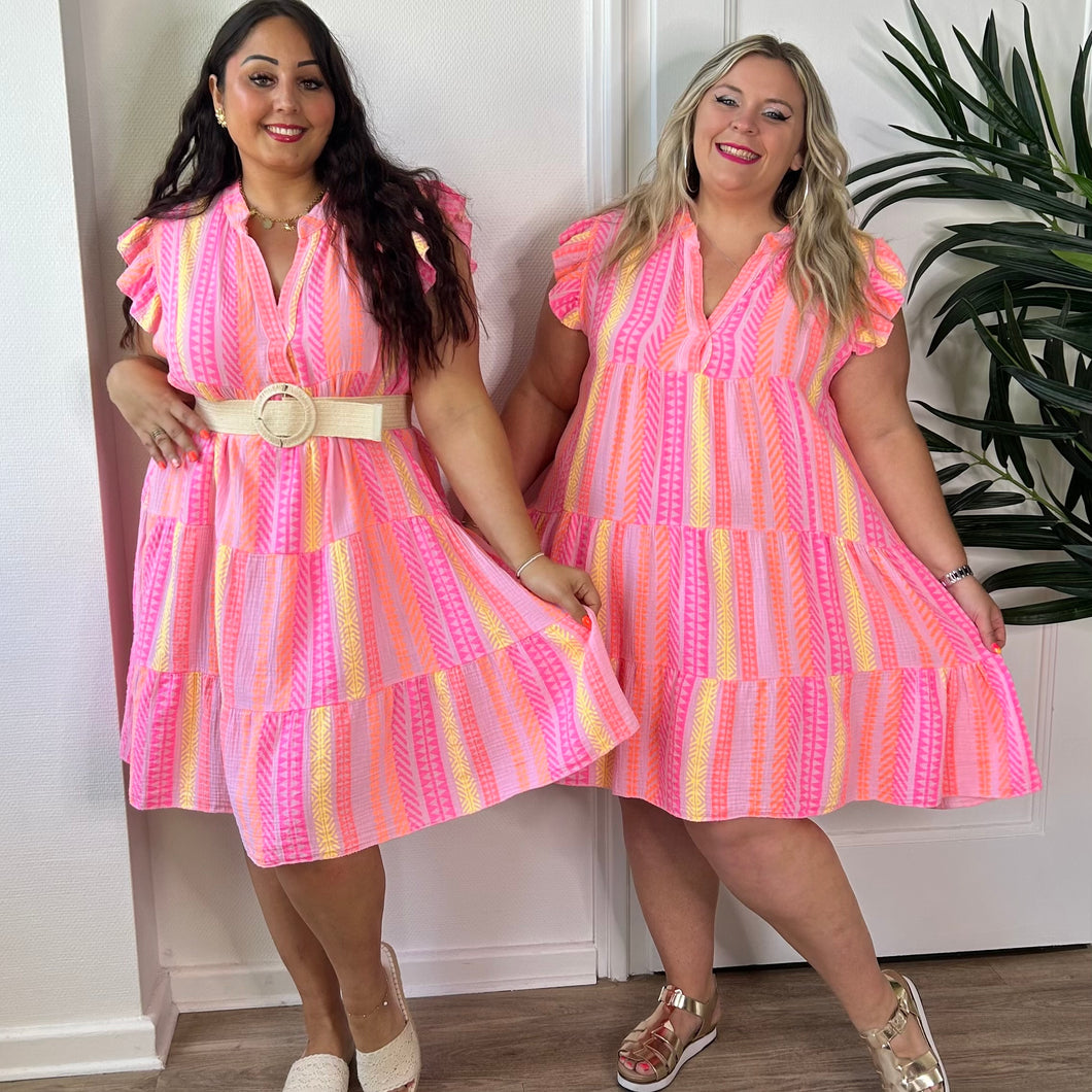 Robe courte rayée rose en gaze de coton